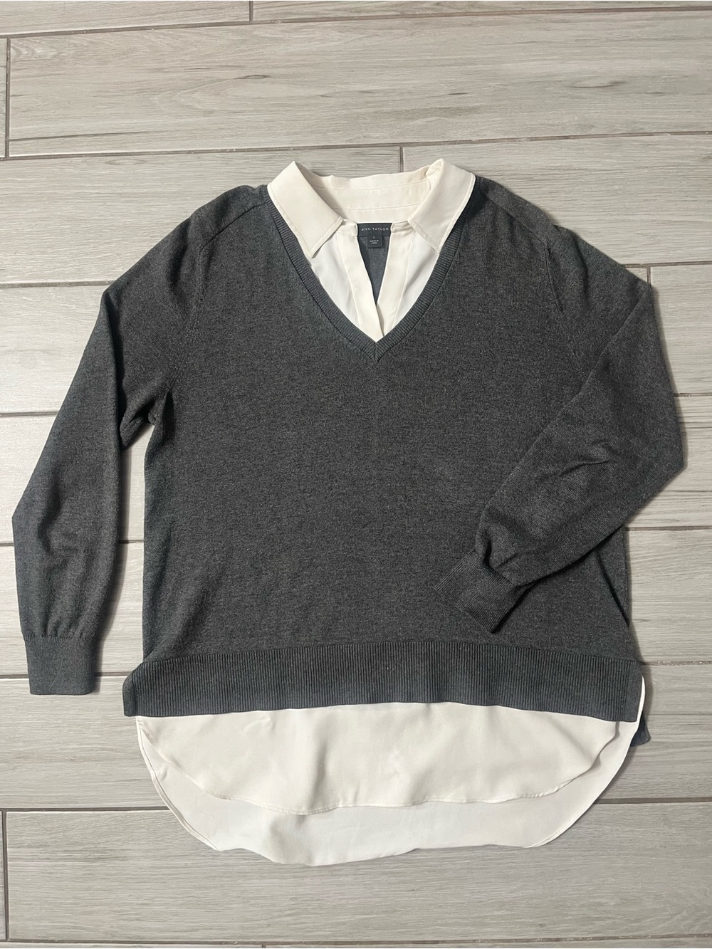 Ann Taylor Charcoal Mixed Media Sweater with White Layered Shirt Hem. Large.
